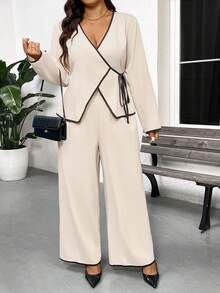 SHEIN Frenchy Casual Multicolor V Neck Wrap Blouse And Long Wide Leg Pants Set For Women Woven Fabric Co-Ords - Multicolor - View 3