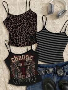 Attitoon 3件套女士休闲复古紧身撞色滚边背心套装，十字翅膀印花，豹纹，条纹，夏季，朋克，Y2K Grunge，吊带背心，复古，街头风，校园，嘻哈，演唱会，健身房，运动 - 彩色 - 查看 7