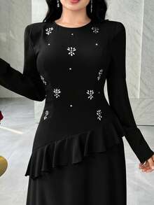 Feyla Women's Rhinestone Decor Round Neck Long Sleeve Ruffle Hem Elegant Dress - Black - View 7