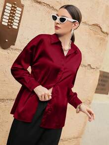 Modelyn Plus Size Women Loose Fit Satin Long Sleeve Shirt, Suitable For Commuting, Autumn - Burgundy - View 4