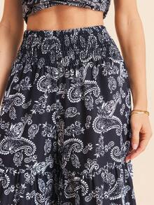 Coeurva Women's Loose Wide Leg Printed Chiffon Palazzo Pants,Navy Blue And White,Boho,Vacation,Holiday,Autumn Spring Summer Flowy Pants For Vacation - Black and White - View 5