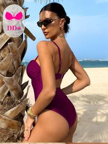 Swim DD+ 1pc Women's DD+ Cup Sexy U-Neck Cutout Back Hollow Out One-Piece Swimsuit, Spring/Summer - Burgundy - View 5