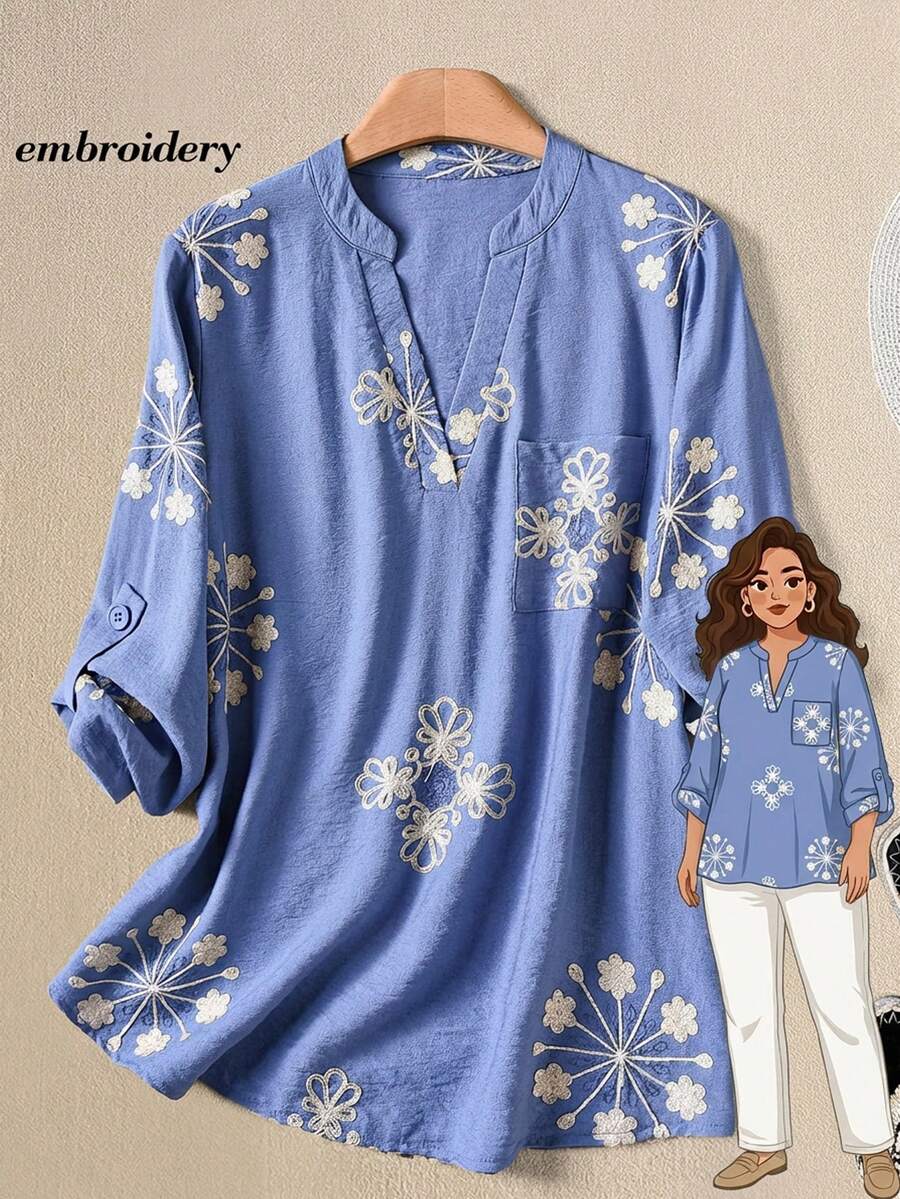Rusticease 女士休闲花卉刺绣V领衬衫，夏季蓝色波西米亚夏威夷风度假上衣 - 藍色 - 查看 1