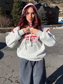 Abrilcols Women's Fashion Casual Minimalist Romantic Daily Versatile Contrast Color Letter Hoodie Sweatshirt Pullover Fall, Christmas - Grey - View 4