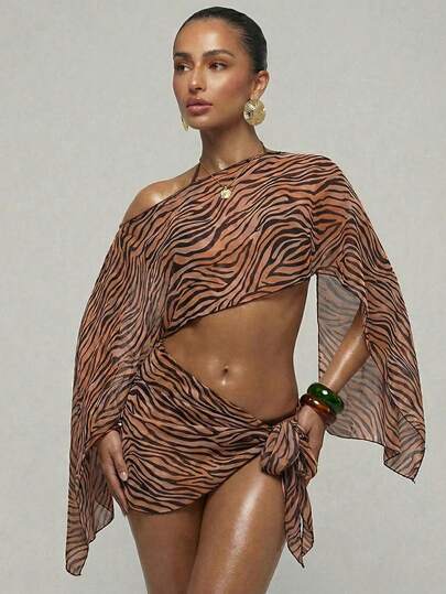 SHEIN BAE Women's Vacation Beach Zebra Print Cover-Up Set,Summer,Spring Break Outfits ,Valentine's Day,Beach ,Beach Outfits For Women ,Beach Outfit ,Birthday,Going Out,Cheetah Print,2026 Summer New Beachwear, Beach Party