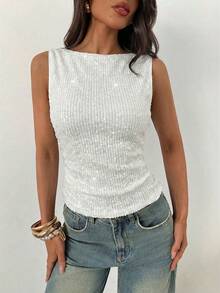 Aloruh Áo tank top ôm sát không tay cổ tròn đính sequin dành cho nữ, thích hợp cho các bữa tiệc, Giáng sinh, Năm mới. - trắng - Xem 3
