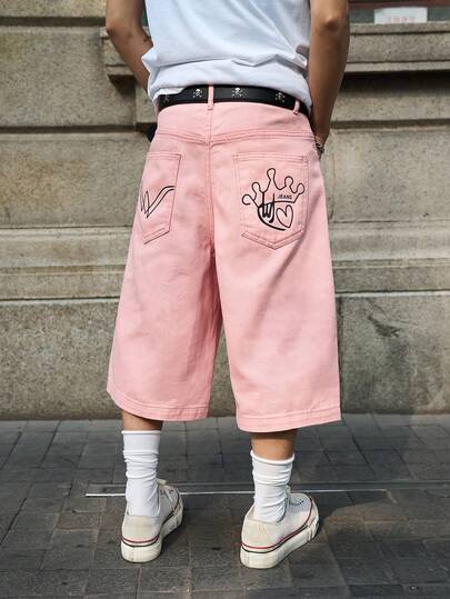 Manfinity Hypemode Men's Casual Loose Fit Printed Denim Wide Leg Shorts With Slant Pockets