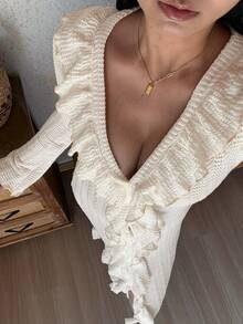 DAZY Vacation Style Textured Hollow-Out Fabric Ruffled Hem Women Sleepwear Robe - White - View 10