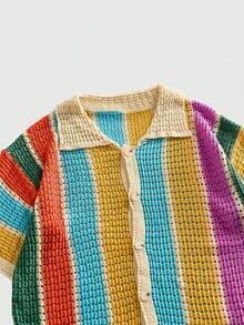 ROMWE MEN Street Life Men's Striped Lapel Single-Breasted Hollow Casual Versatile Daily Wear Knit Short Sleeve Top - Multicolor - View 3