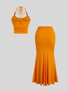 Sweetra Bộ đồ hai mảnh cỡ lớn kiểu dáng nghỉ dưỡng, dây mảnh, vạt đuôi cá, thích hợp cho mùa xuân/hè. - trái cam - Xem 2