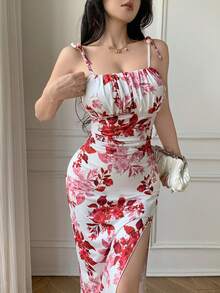Celisse Đầm maxi dáng suông ôm sát, xẻ tà, in hoa dành cho nữ. - Đỏ - Xem 1