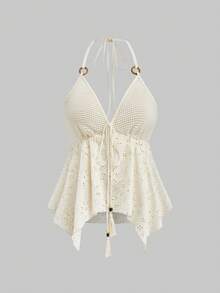 Sweetra Plus Size V-Neck Spaghetti Strap Crochet Lace Fringe Elegant Vintage Cute Vacation Beach Apricot A-Line Camisole - Apricot - View 9
