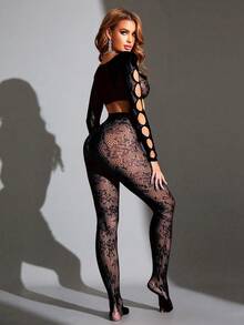 2pcs/Set Women Cutout Long Sleeve Cropped Top And Sexy Fishnet Tights - Black - View 2