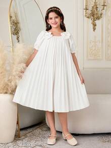 Young Girls' Dreamy Soft Princess Style Dress, Made Of Lightweight Soft Fabric With Short Sleeves, A-Line Silhouette For Easy Movement, Flowing And White Dress, Suitable For Daily Wear, Parties And Leisure Activities, Lightweight For Spring/Summer - White - View 3