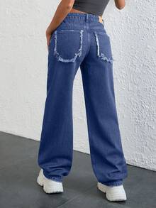 EURMUSE 低腰复古水洗直筒牛仔裤 - 中等水洗藍 - 查看 8