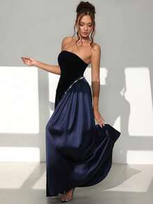 SHEIN 女士无袖珍珠装饰丝绒缎面拼接连衣裙 - 藏蓝色 - 查看 7