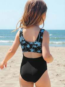 SHEIN Tween Girl Tropical Print Patchwork One-Piece Swimsuit - Multicolor - View 1