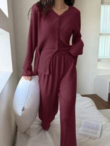 DAZY 2pcs Women Casual Striped Textured Fleece Cardigan And Pants Pajama Set, Suitable For Spring - Burgundy - View 5