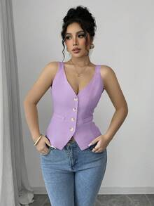 Elenzga Women's Summer Minimalist Front Button Fitted Camisole - Mauve Purple - View 5