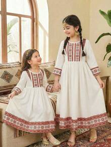 Trang phục truyền thống Ả Rập cho bé gái tuổi teen, váy tay loe in họa tiết hình học cổ điển kiểu Trung Đông, váy dài Ả Rập, áo Abaya tay dài cho bé gái Hồi giáo. - Màu be - Xem 3