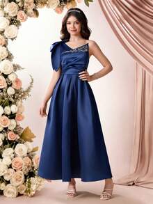 Pitira Teen Girl Navy Blue Embroidered Elegant Woven Dress Girls Royal Blue Dress Elegant Navy Blue Dress Blue Party Dress Royal Blue Formal Dress Bridesmaid Blue Dress - Navy Blue - View 3