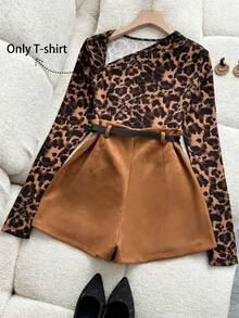 Chiquease 女士优雅豹纹长袖T恤，不对称领口设计；优雅女士上衣；优雅；咖啡色T恤 - 咖啡棕 - 查看 1