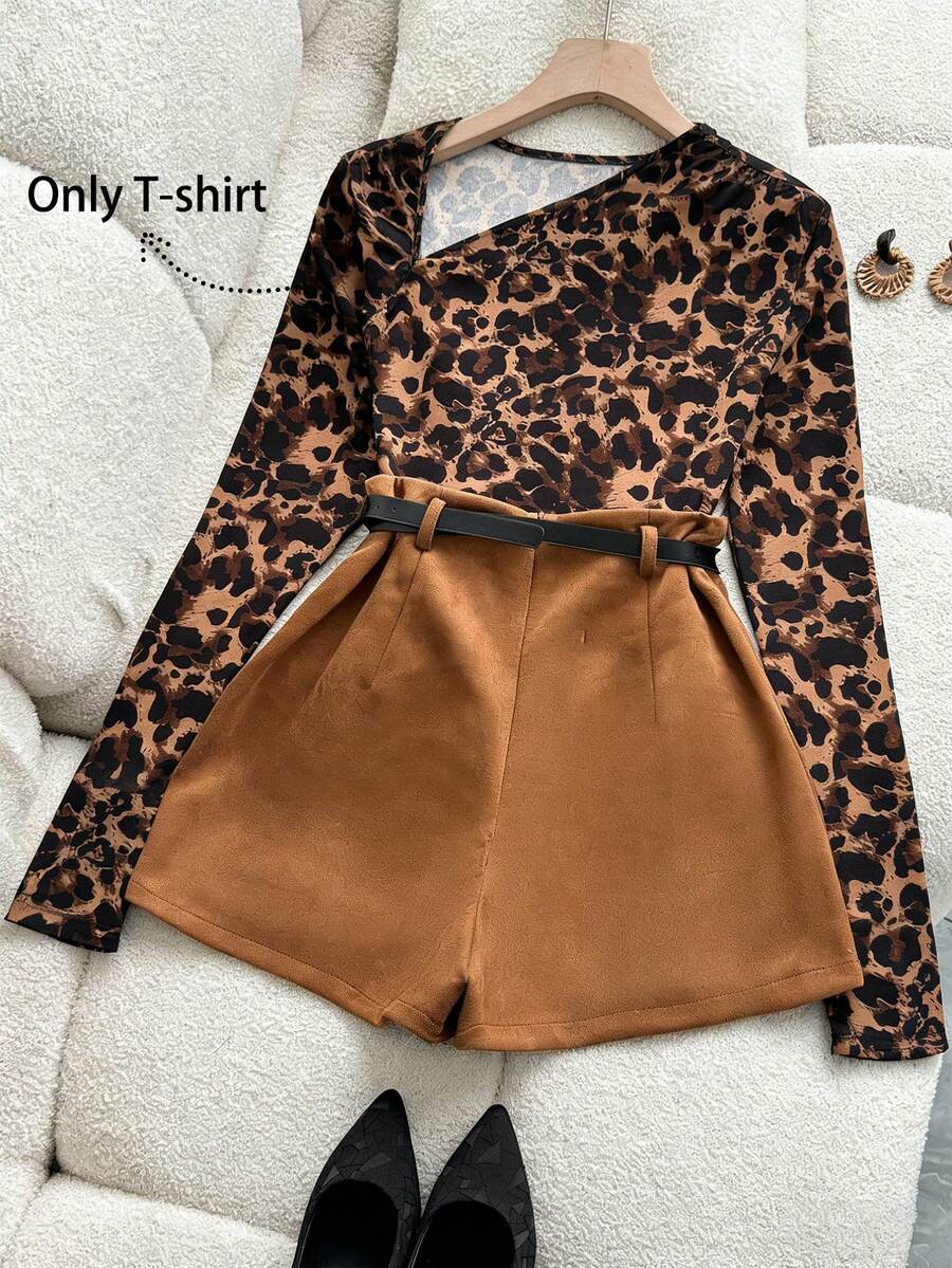 Chiquease 女士优雅豹纹长袖T恤，不对称领口设计；优雅女士上衣；优雅；咖啡色T恤 - 咖啡棕 - 查看 1