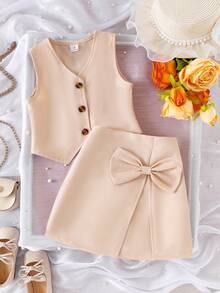 Elladie kids 两件套女童卡其色无袖独特设计背心上衣和不对称蝴蝶结装饰半裙套装，时尚通勤装，优雅儿童夏季裙装套装，女童中性连衣裙，裸色连衣裙，女童半裙两件套，儿童小女孩米色连衣裙，女童蝴蝶结连衣裙，女童杏色连衣裙 - 卡其色 - 查看 5