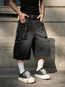 Manfinity EMRG Men's Pocketed Button Casual Cargo Cropped Wide Leg Jeans, Versatile For Commuting And Outings - Black - View 4