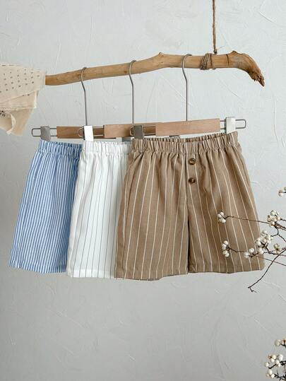 SHEIN 3pcs/Set Unisex Kids Casual Comfortable Striped Shorts Set, Young Boy/Girl Outfits, Bottom, School Pants Young Boy Shorts Boys Striped Shorts Summer Shorts For Kids