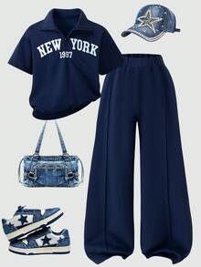 大码女童休闲街头风短袖Polo领T恤衫和运动裤套装，适合学生日常穿着