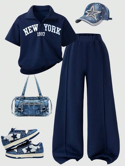 Plus Size Girls Casual Street Style Short Sleeve Polo Collar T-Shirt T-Shirt And Sweatpants Set, Suitable For Students Everyday Wear