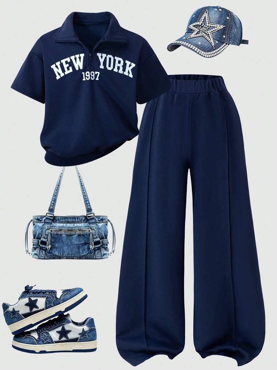 大码女童休闲街头风短袖Polo领T恤衫和运动裤套装，适合学生日常穿着