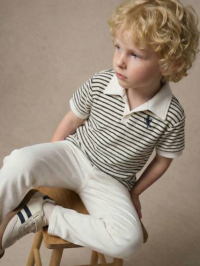 PrepCrw Young Boys' Contrast Collar Striped Short Sleeve Sweatshirt, Collegiate Style