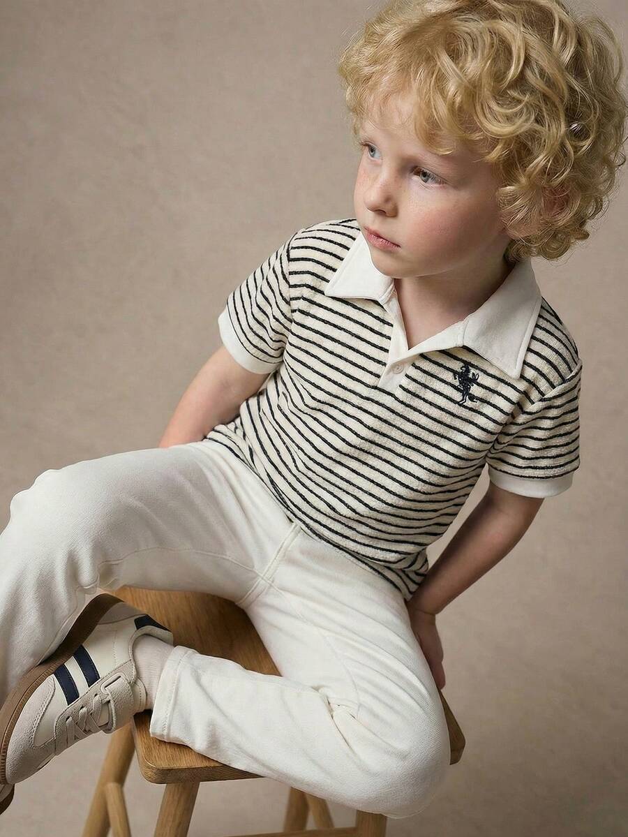 PrepCrw Young Boys' Contrast Collar Striped Short Sleeve Sweatshirt, Collegiate Style - Black and White - View 1