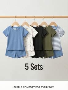 SHEIN Playful Pals Bộ 5 món đồ bé trai, áo dệt kim vân nổi ngắn tay cổ tròn & quần short lưng thun, phong cách thường ngày mùa hè, màu xanh, đồ gia đình đồng bộ cho bé chập chững 3T, từ 6 tháng - 3 tuổi - Nhiều màu - Xem 2