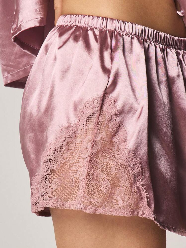 MISSGUIDED Satin Button Front Pajama Set With Long Sleeve Collared Top And Matching Shorts With Delicate Lace Trim Detail For Sleepwear Loungewear