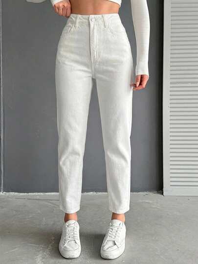 100% Baumwolle Lässig Einfarbig Hoher Bund Verjüngte Jeans
