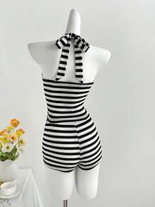 Elamini Women's Black & White Striped Halter Neck Tie Camisole And Super Shorts 2-Piece Set, Casual Vacation Style - Black and White - View 2