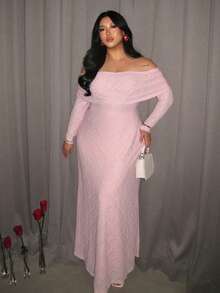 Firerie Plus Size Elegant Solid Color Textured Off-Shoulder Dress, Autumn