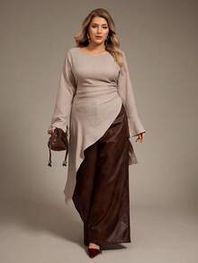 Auralis 大码女装春秋时尚休闲宽松舒适日常喇叭袖不规则下摆杏色和卡其色长袖衬衫，春季穿搭，曲线身材服装，保守上衣 - 杏色 - 查看 4