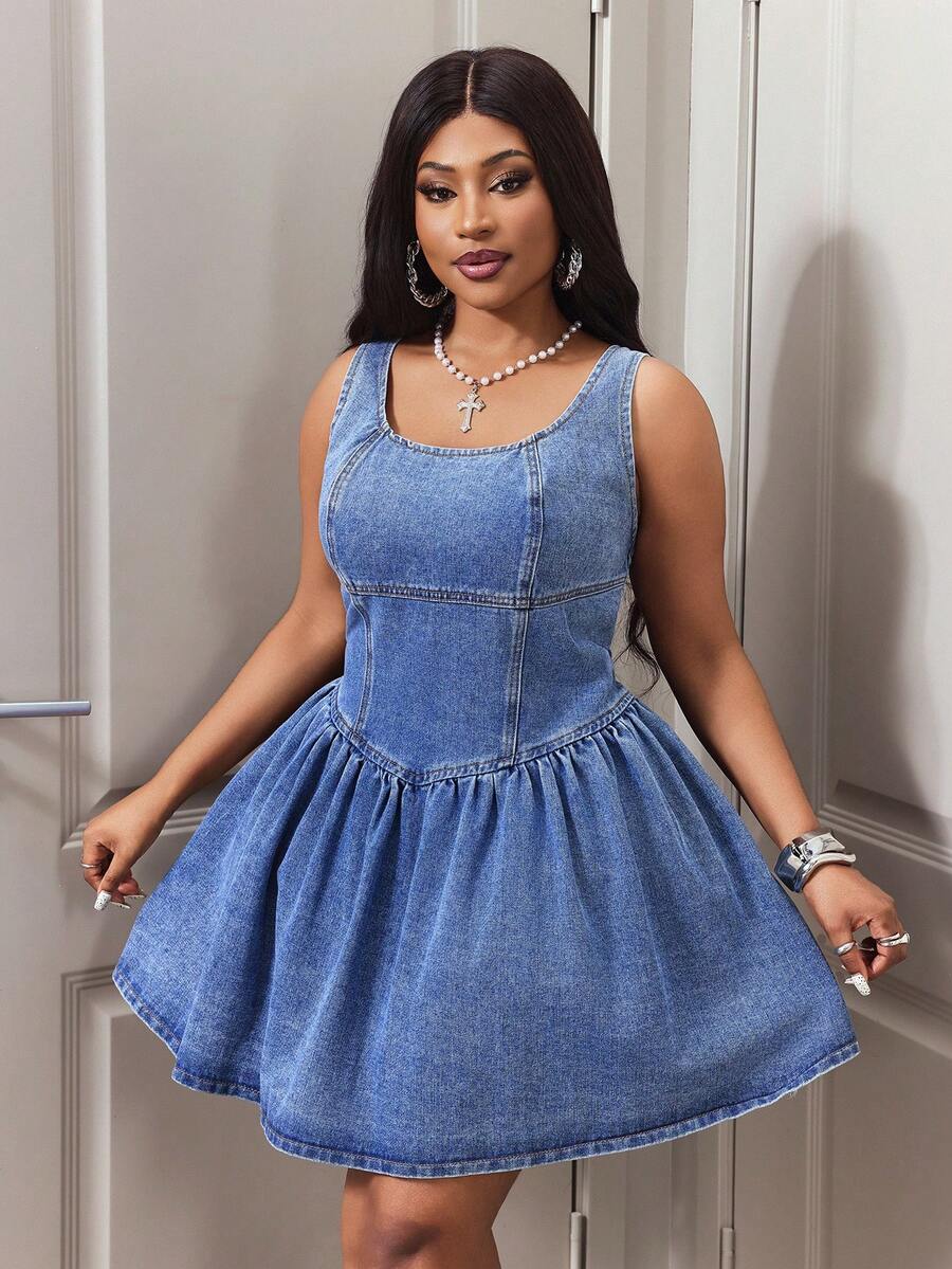 Slaydiva New High Waist Sleeveless Slim Denim Dress, Summer - Blue - View 1