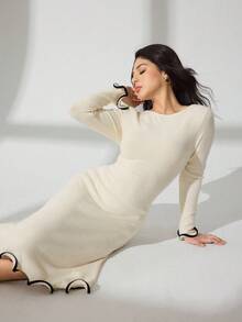 Modelyn Autumn/Winter Sexy Ruffle Hem Ribbed Knit Long Sleeve Bodycon Dress Fall Cloth For Women - Beige - View 7