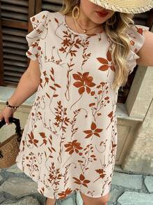 SHEIN VCAY Plus Size Women Floral Print Round Neck Casual Swing Dress - Apricot - View 5