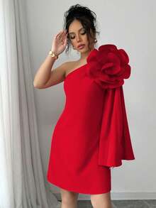 Elenzga Elegante vestido rojo con diseño floral 3D para fiestas navideñas, citas y cenas de mujeres - Rojo - Ver 7