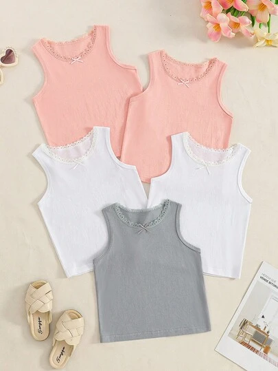 SHEIN Playful Pals 5pcs/Set Girls' White Solid Color Elegant Cute Lace Trim Comfortable Fashionable Camisole Undershirts
