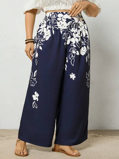 EMERY ROSE Pantalones casuales de vacaciones con cintura ceñida y estampado floral, talla grande, primavera/verano