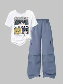 SHEIN 2pcs/Set Teenage Girls Casual Fashion Cartoon Girl Graphic Round Neck Short Sleeve Top And Cargo Pants Set - Dusty Blue - View 5