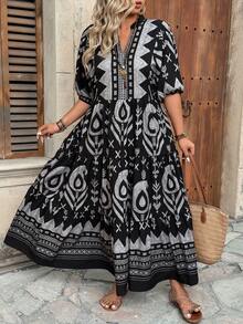 Ceyna Plus Size Black Boho Random Print A Line Long Dress For Women Notched Neck Three Quarter Puff Sleeve Flared Ruffle Hem Woven Fabric Bohemian Style - Black - View 4