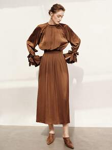 Aalyst Women's Chocolate Brown Satin Ruched Waist Flare Hem Long Sleeve Dress,Elegant Retro Chic Design For Autumn Tea Party,Christmas,Work,Vacation,Spring - Brown - View 5